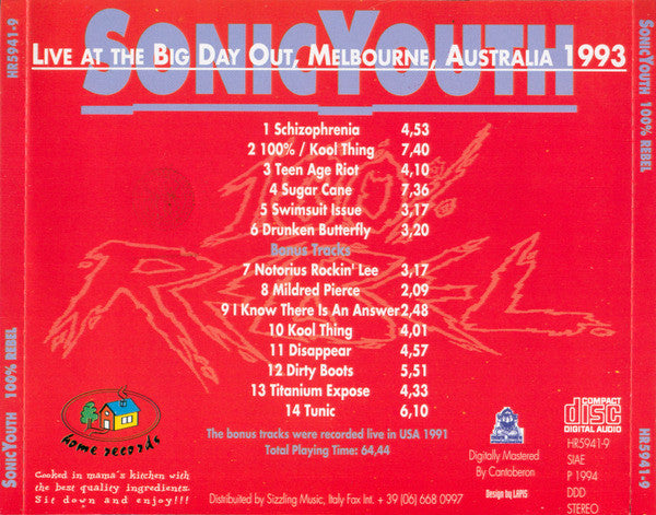Sonic Youth - 100% Rebel - VG+ CD 1994 Home Records Italy RARE Unofficial - Alternative Rock - Shuga Records