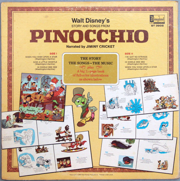 Jiminy Cricket - Walt Disney - Story And Songs From Pinocchio (1957) - VG+ LP Record 1969 Disneyland USA Vinyl & Booklet - Story / Soundtrack - Shuga Records