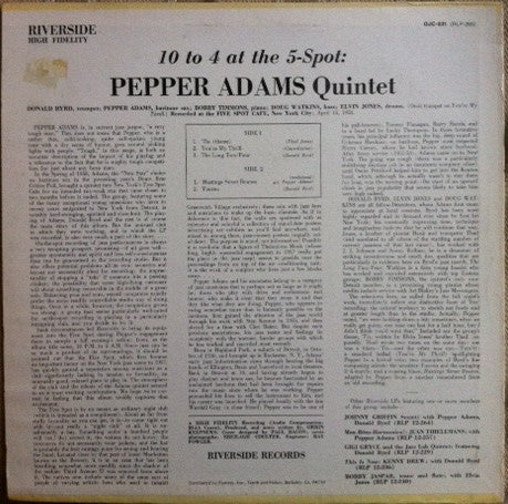 Pepper Adams Quintet - 10 To 4 At The 5-Spot (1958) - VG+ LP Record 1982 Riverside Original Jazz ClassicsUSA Vinyl - Jazz / Bop / Cool - Shuga Records