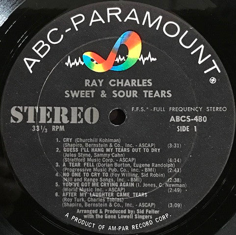 Ray Charles - Sweet & Sour Tears - VG+ (VG Cover) LP Record 1964 ABC-Paramount USA Stereo Vinyl - Soul / Soul-Jazz - Shuga Records
