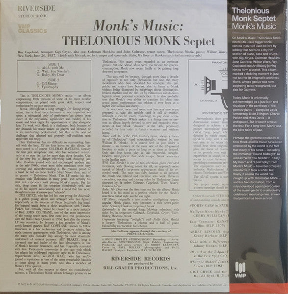 Thelonious Monk Septet - Monk's Music (1957) - New LP Record 2023 Riverside Vinyl Me Please 180 gram Vinyl & Booklet - Jazz / Hard Bop - Shuga Records