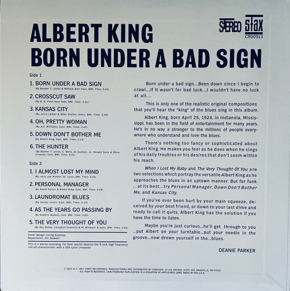 Albert King - Born Under A Bad Sign (1967) - New LP Record 2023 Stax Craft Recordings 180 gram Vinyl - Electric Blues / Soul / Rhythm & Blues - Shuga Records