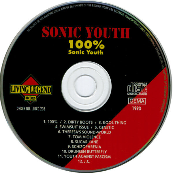 Sonic Youth - 100% Sonic Youth - VG+ CD Album 1993 Living Legend Italy RARE Unofficial - Alternative Rock - Shuga Records