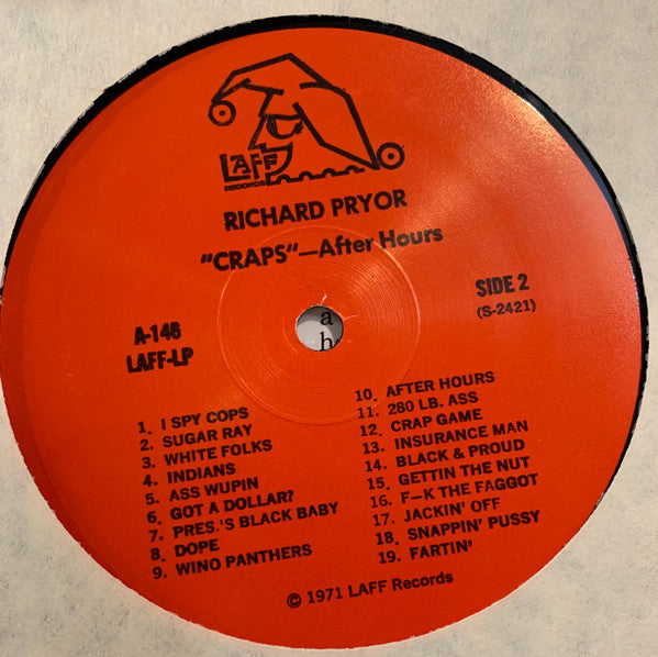 Richard Pryor - "CRAPS" - After Hours - VG+ LP Record 1971 Laff USA Original Vinyl - Comedy - Shuga Records