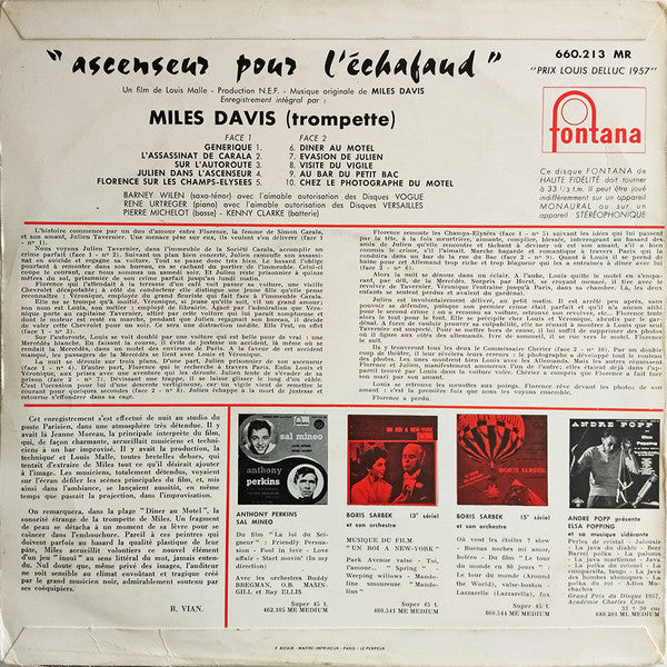 Miles Davis - Ascenseur Pour L'échafaud - VG- (low grade) 10: LP Record 1958 Fontana France Mono Vinyl - Jazz / Free Jazz / Soundtrack - Shuga Records