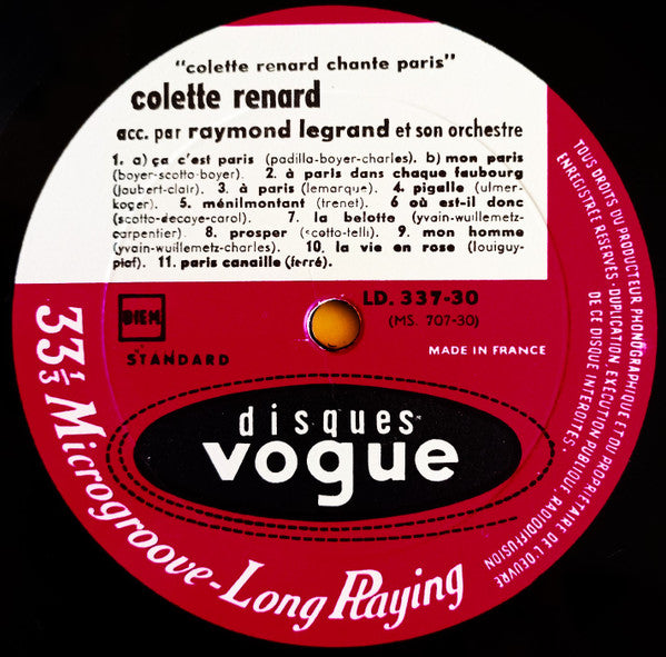 Colette Renard - Chante Paris - VG+ LP Record 1957 Disques Vogue France Vinyl - Pop / Chanson - Shuga Records