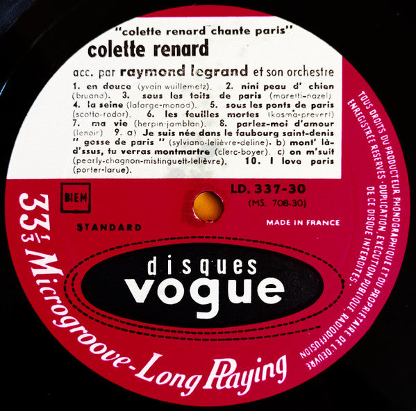 Colette Renard - Chante Paris - VG+ LP Record 1957 Disques Vogue France Vinyl - Pop / Chanson - Shuga Records