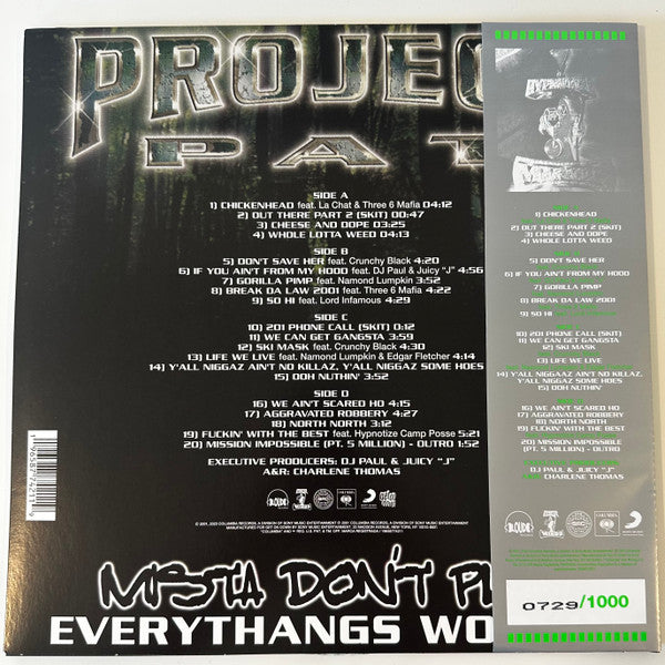 Project Pat - Mista Don't Play Everythangs Workin (2000) - New 2 LP Record 2023 Get On Down Slime Green-in-Clear Vinyl & Numbered - Memphis Rap / Hip Hop - Shuga Records