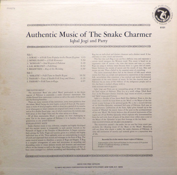 Iqbal Jogi & Party – Authentic Music Of The Snake Charmer - Mint- LP Record 1974 Olympic Vinyl - Pakistani Folk