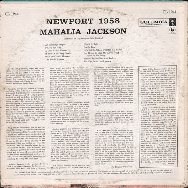 Mahalia Jackson - Newport Jazz Festival 1958 - VG+ LP Record 1958 Columbia USA Original 6 Eye Label Vinyl - Jazz / Gospel / Soul-Jazz - Shuga Records