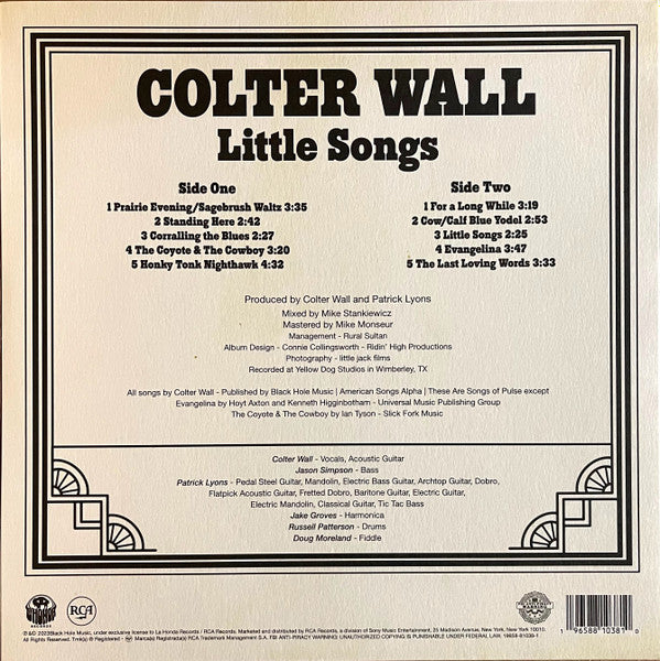 Colter Wall - Little Songs - New LP Record 2023 La Honda RCA USA Vinyl - Country - Shuga Records