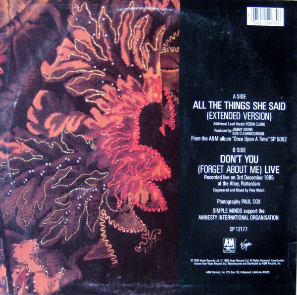 Simple Minds - All The Things She Said / Don't You (Forget About Me) Live - Mint- 12" Single Record 1986 A&M USA Vinyl - Pop Rock / Synth-pop - Shuga Records