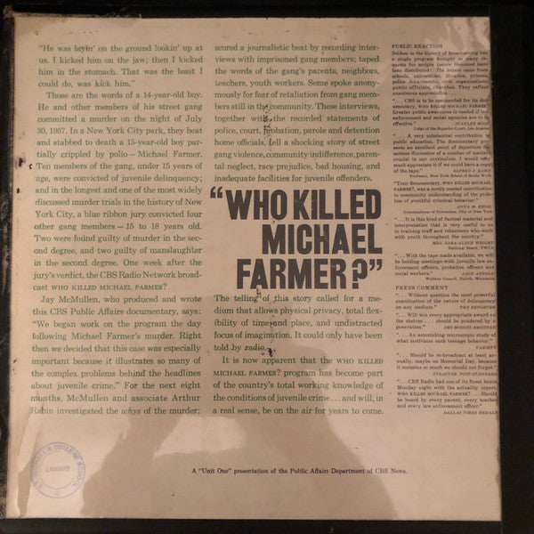 Andy Warhol Cover - Unknown Artist – "Who Killed Michael Farmer" - VG+ LP Record 1958 CBS News Public Affairs Department USA Vinyl - Education / Dialogue / Public Broadcast - Shuga Records