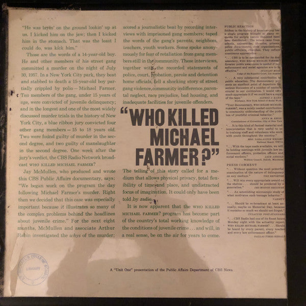 Andy Warhol Cover - Unknown Artist – "Who Killed Michael Farmer" - VG+ LP Record 1958 CBS News Public Affairs Department USA Vinyl - Education / Dialogue / Public Broadcast