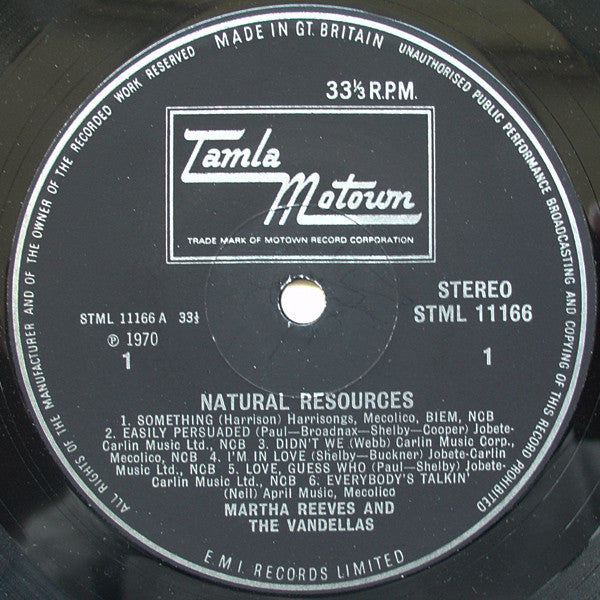 Martha Reeves & The Vandellas - Natural Resources - VG LP Record 1970 Tamla Motown UK Original Vinyl - Soul / Funk