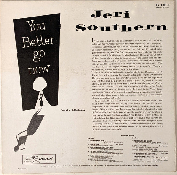 Jeri Southern – You Better Go Now - VG+ LP Record 1956 Decca Mono Vinyl - Jazz Vocal - Shuga Records