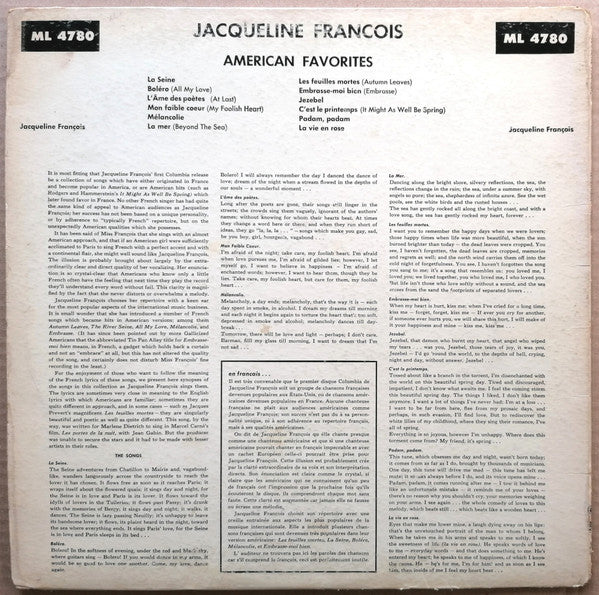 Jacqueline François - American Favorites (1953) - VG+ LP Record Late 1950s Columbia USA Mono Vinyl - French Pop / Chanson - Shuga Records