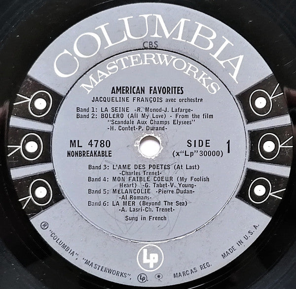 Jacqueline François - American Favorites (1953) - VG+ LP Record Late 1950s Columbia USA Mono Vinyl - French Pop / Chanson - Shuga Records