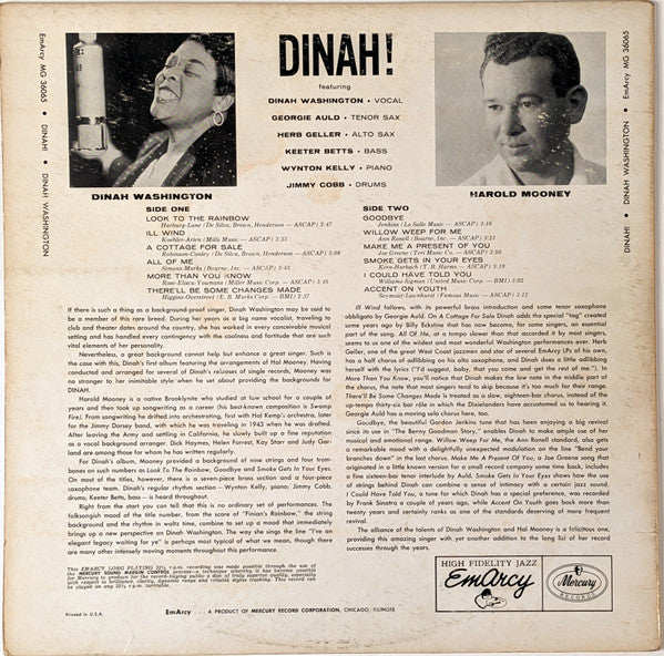Dinah Washington – Dinah! (1956) - VG+ LP Recpord 1958 Mercury Emarcy USA Mono Vinyl - Jazz
