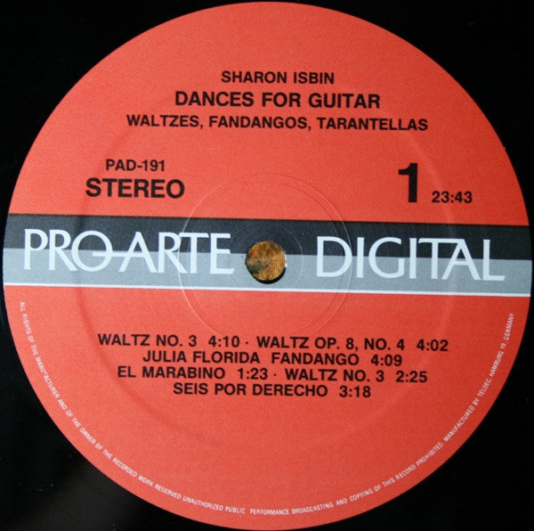 Sharon Isbin - Dances For Guitar Waltzes, Fandangos, Tarantellas - VG+ LP Record 1984 Pro Arte USA Vinyl - Classical Guitar - Shuga Records