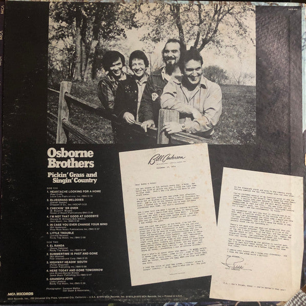 The Osborne Brothers - Pickin' Grass And Singin' Country - Mint- LP Record 1975 MCA USA Vinyl - Country / Bluegrass - Shuga Records