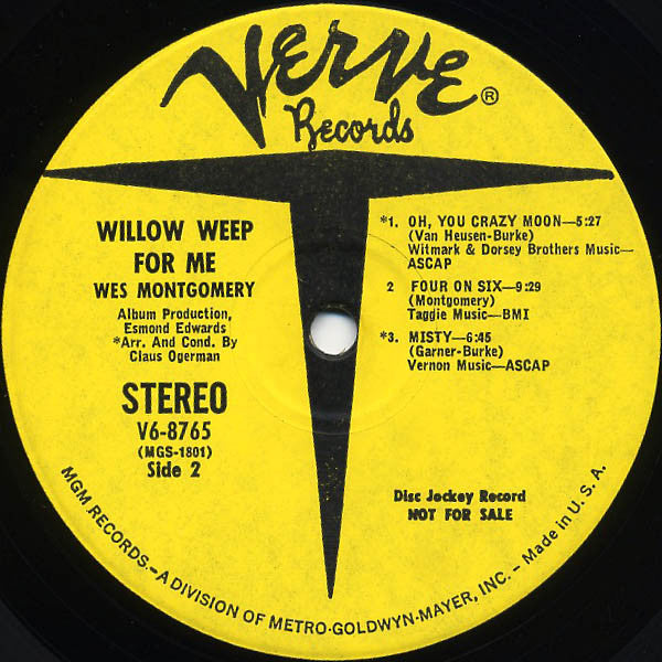 Wes Montgomery - Willow Weep For Me - VG+ LP Record 1969 Verve USA Promo Vinyl - Jazz / Hard Bop - Shuga Records