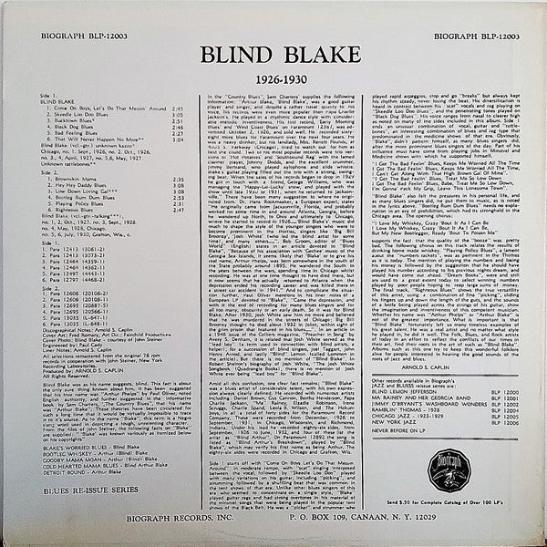 Blind Blake - 1926-30 (Bootleg Rum Dum Blues) - Mint- (VG- cover) LP Record 1968 Biograph USA Vinyl - Blues / Country Blues / East Coast Blues - Shuga Records