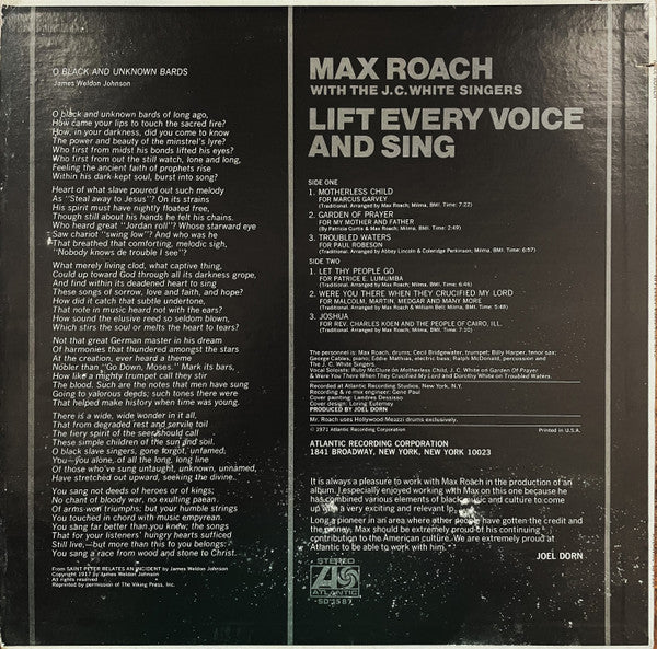 Max Roach With The J.C. White Singers - Lift Every Voice And Sing - VG+ LP Record 1971 Atlantic USA Vinyl - Jazz / Bop / Modal / Gospel