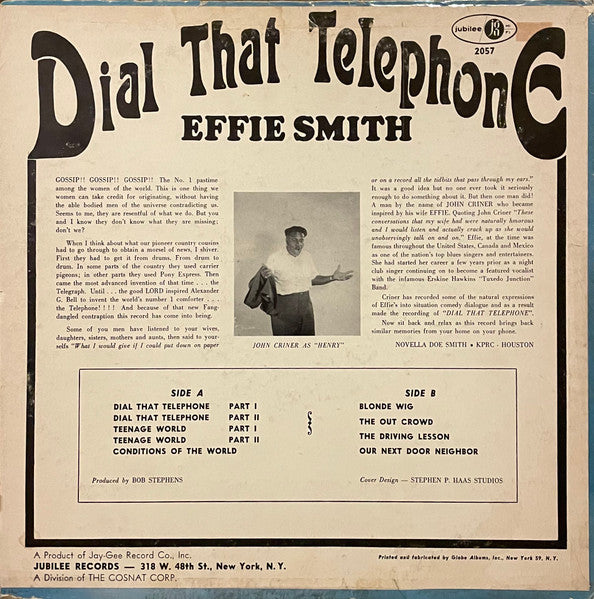 Effie Smith – Dial That Telephone - VG+ (VG- cover) LP Record 1959 Jubilee USA Vinyl - Comedy / Funk / Soul - Shuga Records