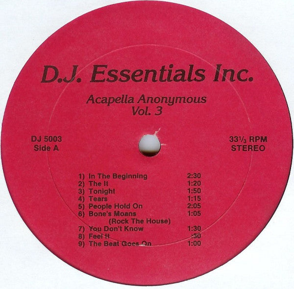 Various – Acapella Anonymous Vol. 3 - VG LP Record 1990s DJ Essentials USA Vinyl - House / Disco - Shuga Records