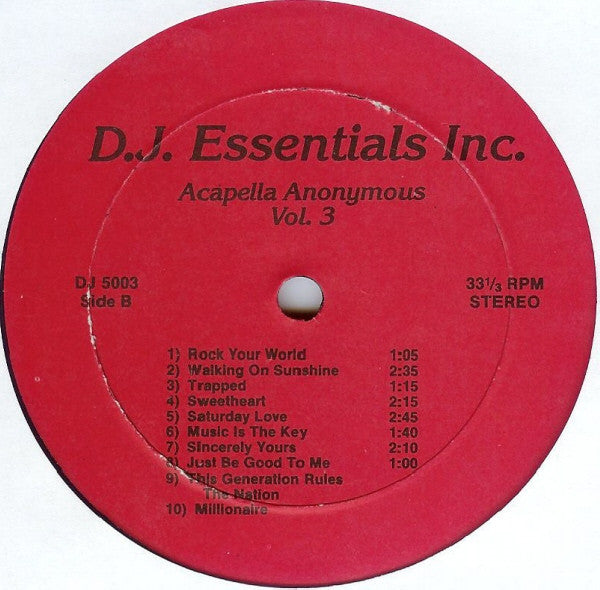 Various – Acapella Anonymous Vol. 3 - VG LP Record 1990s DJ Essentials USA Vinyl - House / Disco - Shuga Records