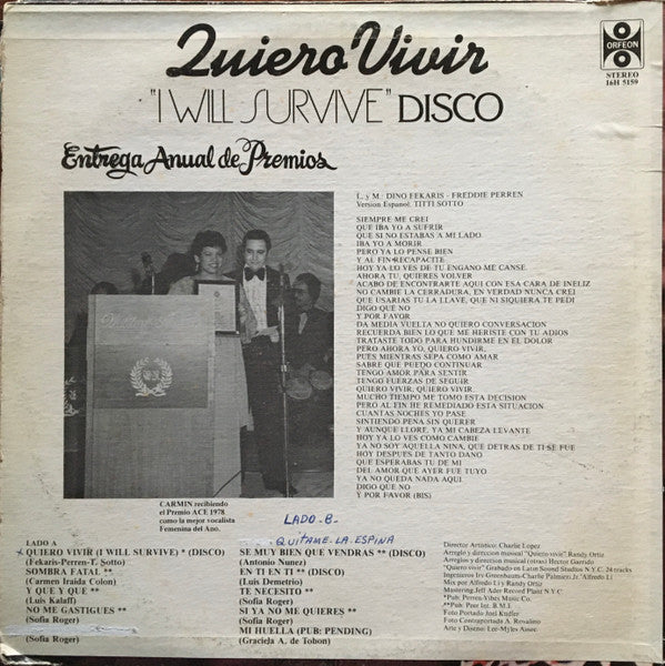 Carmin – Quiero Vivir (I Will Survive) / Latin Disco Queen - VG+ LP Record 1979 Orfeon USA Vinyl - Latin / Disco / Soul - Shuga Records