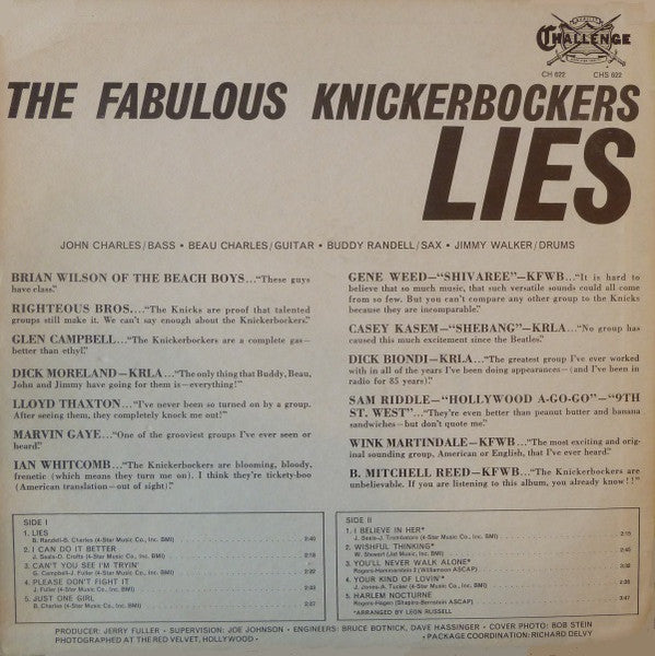 The Fabulous Knickerbockers - Lies - VG LP Record 1966 Challenge USA Mono Vinyl - Garage Rock / Pop Rock - Shuga Records