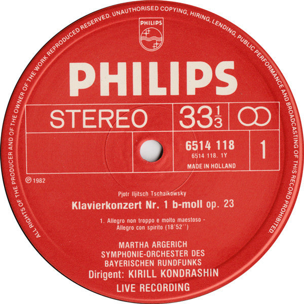 Martha Argerich & Kondrashin - Tchaikovsky - Klavierkonzert Nr. 1 - Mint- LP Record 1982 Philips Holland Vinyl - Classical - Shuga Records