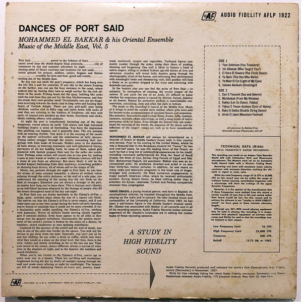 Mohammed El-Bakkar And His Oriental Ensemble - Dances Of Port Said Music Of The Middle East Vol. 5 (1960) - VG+ LP Record 1970s Audio Fidelity USA Vinyl - International / Exotic - Shuga Records