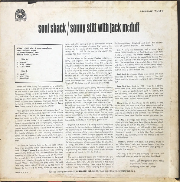 Sonny Stitt With Brother Jack McDuff – Soul Shack - VG- 1964 Mono USA (Original) - Jazz / Bop / Soul-Jazz - Shuga Records