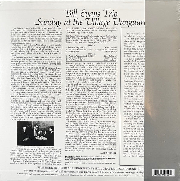 Bill Evans Trio - Sunday at the Village Vanguard (1961) - New LP 2023 Craft Riverside 180 gram Vinyl - Jazz - Shuga Records