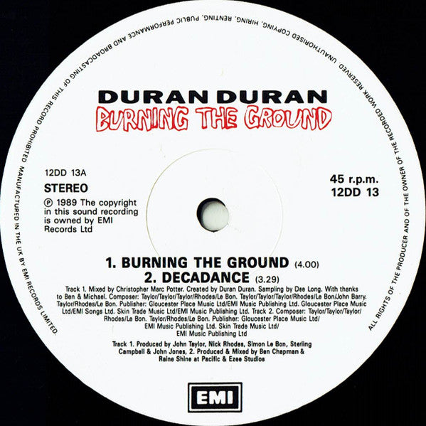 Duran Duran - Burning The Ground - Mint- 12" Single Record 1989 EMI UK Original Vinyl Mispress - Pop Rock / Synth-pop / House - Shuga Records