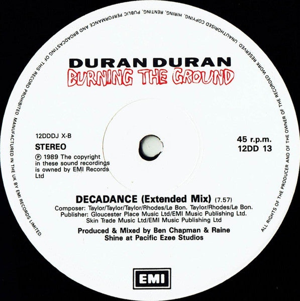 Duran Duran - Burning The Ground - Mint- 12" Single Record 1989 EMI UK Original Vinyl Mispress - Pop Rock / Synth-pop / House - Shuga Records