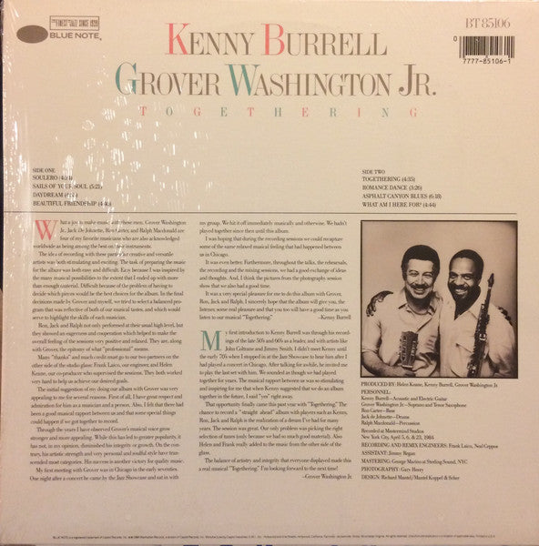 Kenny Burrell & Grover Washington Jr. - Togethering - VG+ LP Record 1985 Blue Note USA Vinyl - Jazz / Bop / Soul-Jazz - Shuga Records