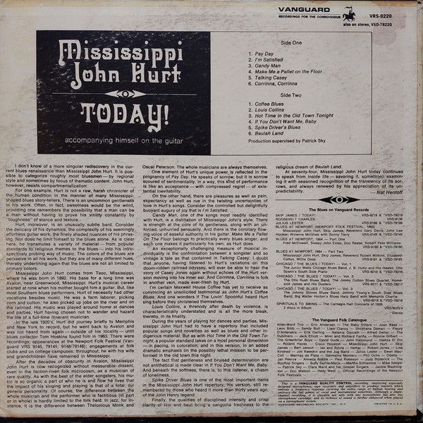 Mississippi John Hurt - Today! - VG+ LP Record 1966 Vanguard USA Original Vinyl - Piedmont Blues - Shuga Records