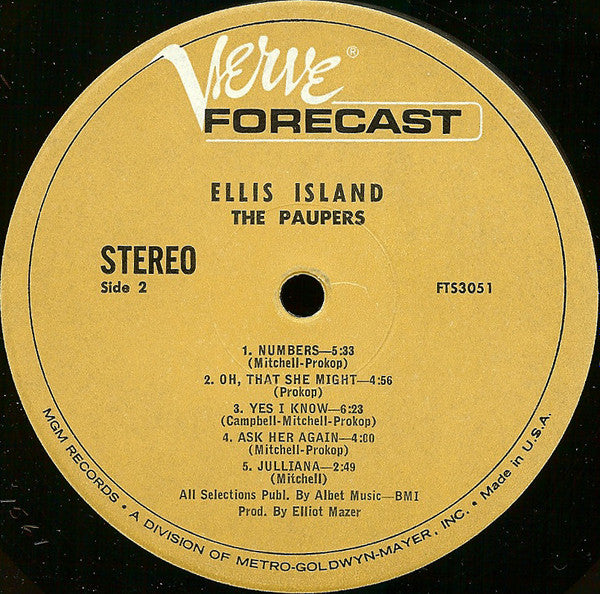 The Paupers - Ellis Island - VG+ LP Record 1968 Verve Forecast USA Vinyl & Insert - Psychedelic Rock / Prog Rock - Shuga Records