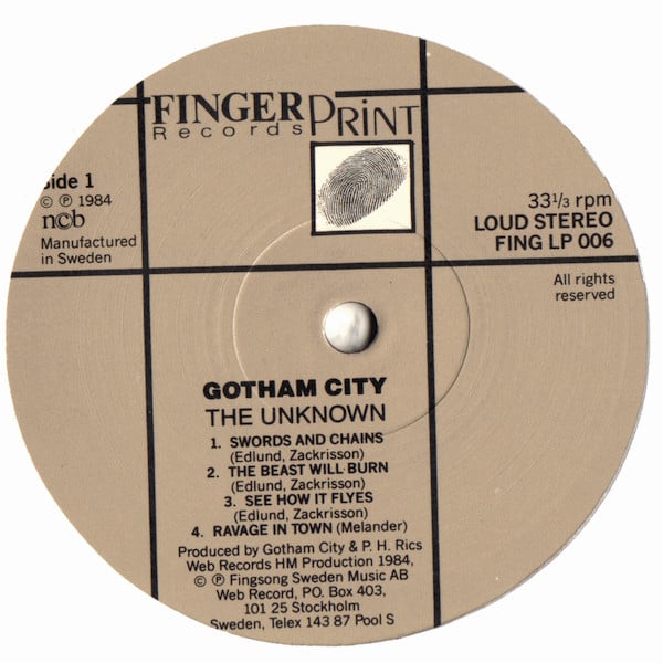 Gotham City – The Unknown - VG+ LP Record 1984 Finger Print Sweden Vinyl - Heavy Metal - Shuga Records