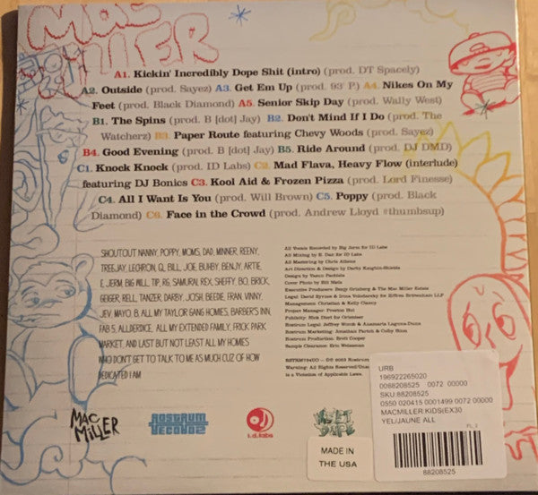 Mac Miller - K.I.D.S. (Kickin Incredibly Dope Shit)(2010) - New 2 LP Record 2023 Urban Outfitters Rostrum Yellow Translucent Vinyl & Hype Stickers - Hip Hop - Shuga Records
