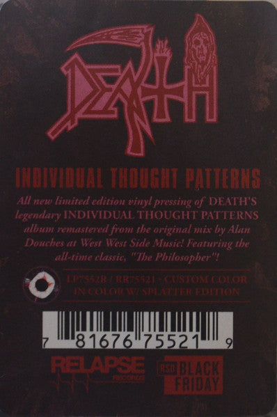 Death - Individual Thought Patterns (1993) - Mint- LP Record Store Day Black Friday 2023 Relapse RSD Black W/ White & Pink Splatter Vinyl - Death Metal / Technical Death Metal - Shuga Records