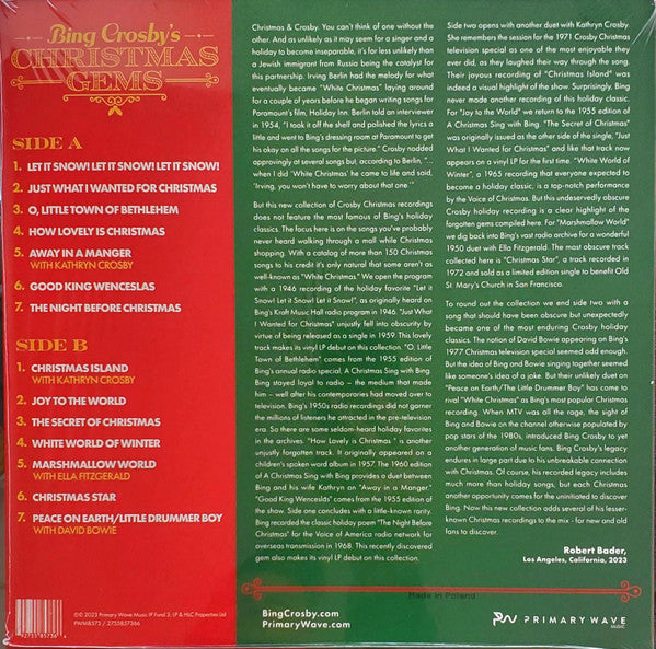 Bing Crosby - Bing Crosby's Christmas Gems - New LP Record 2023 Primary Wave Red Vinyl & Ornament - Holiday / Christmas / Jazz - Shuga Records