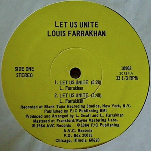 Louis Farrakhan - Let Us Unite - VG+ LP Record 1984 A.V.C. USA Vinyl - Funk / Soul / Political - Shuga Records