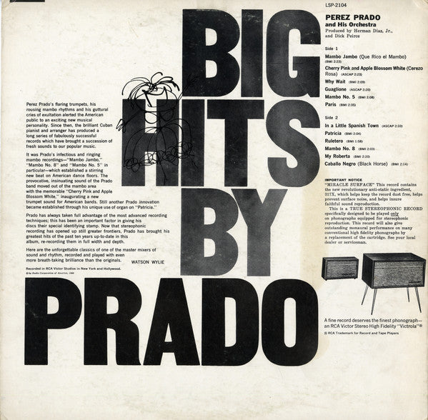 Perez Prado And His Orchestra - Big Hits By Prado - VG+ LP Record 1960 RCA Living Stereo USA Vinyl - Latin Jazz / Cubano / Mambo - Shuga Records
