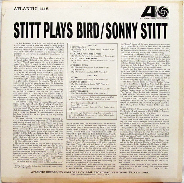 Sonny Stitt - Stitt Plays Bird - VG+ LP Record 1964 Atlantic USA Mono Original Vinyl - Jazz / Post Bop - Shuga Records