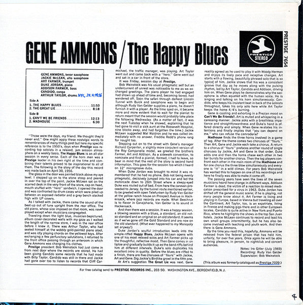 Gene Ammons - The Happy Blues (1956) - VG+ LP Record 1969 Prestige USA Stereo Vinyl - Jazz / Hard Bop / Soul-Jazz - Shuga Records